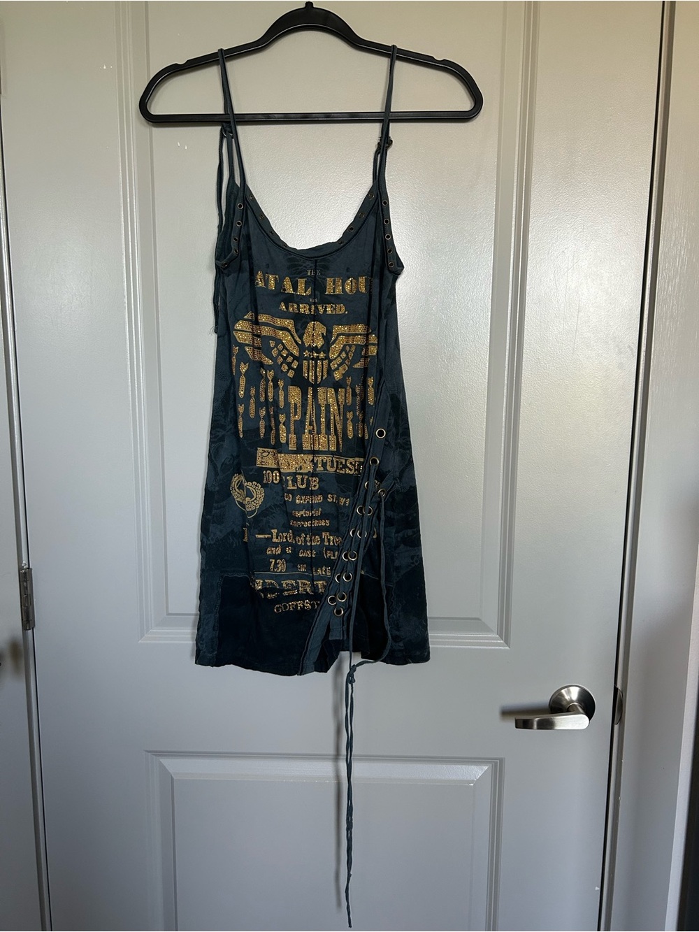 Salvage Gold Graphic Lace-Up Tank Dress - Black with Gold Print and side lace